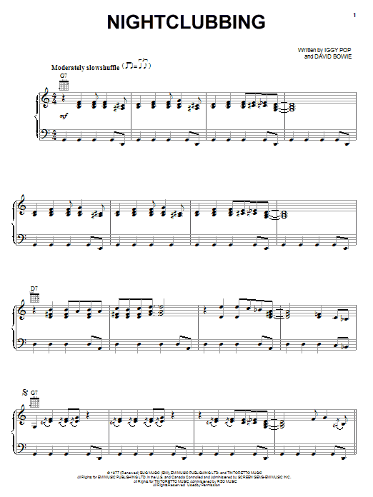 Iggy Pop Nightclubbing Sheet Music