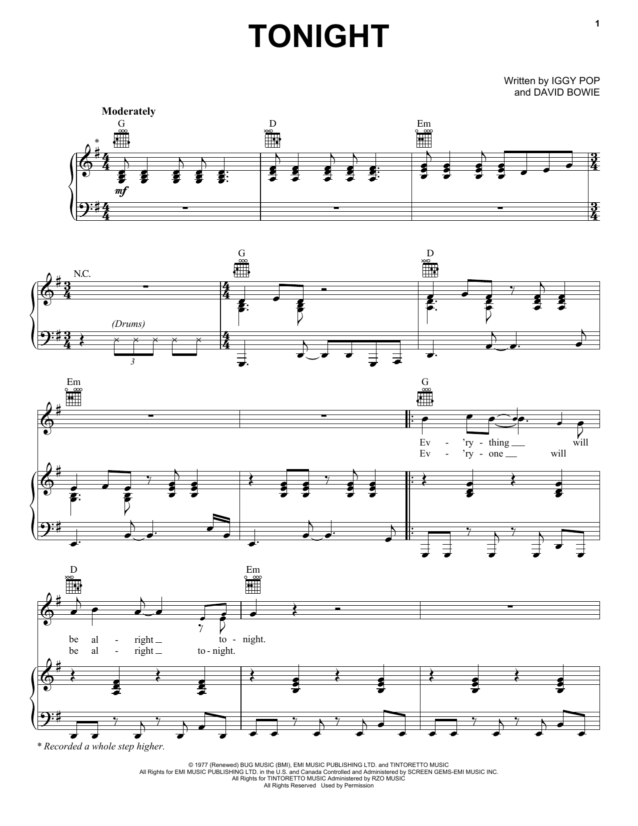 Iggy Pop Tonight Sheet Music