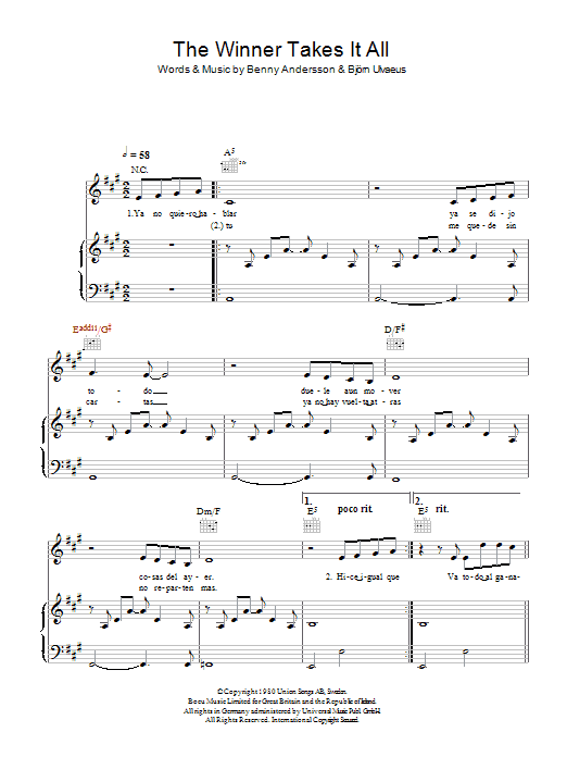 Il Divo The Winner Takes It All Sheet Music