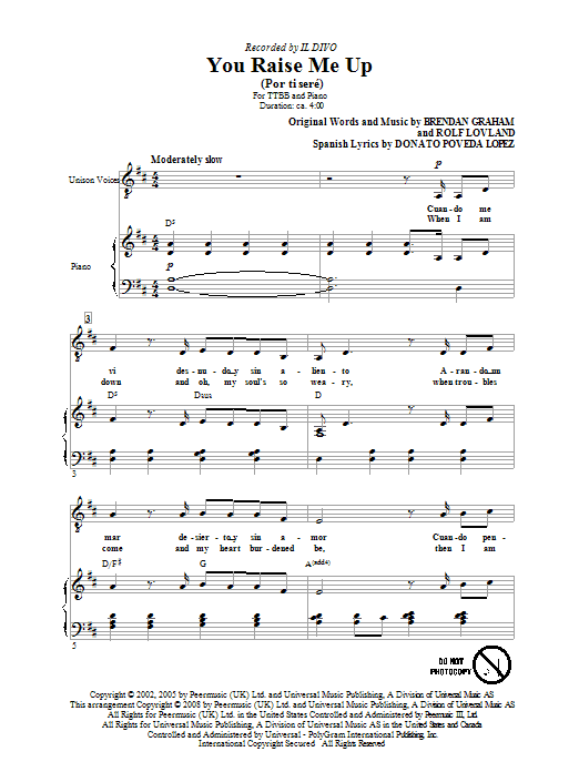 Il Divo You Raise Me Up Sheet Music
