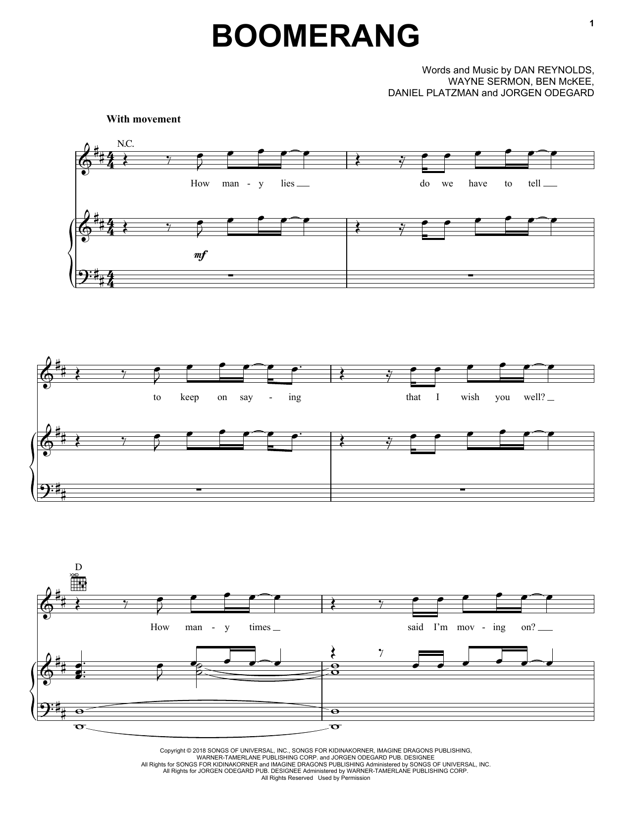 Imagine Dragons Boomerang Sheet Music