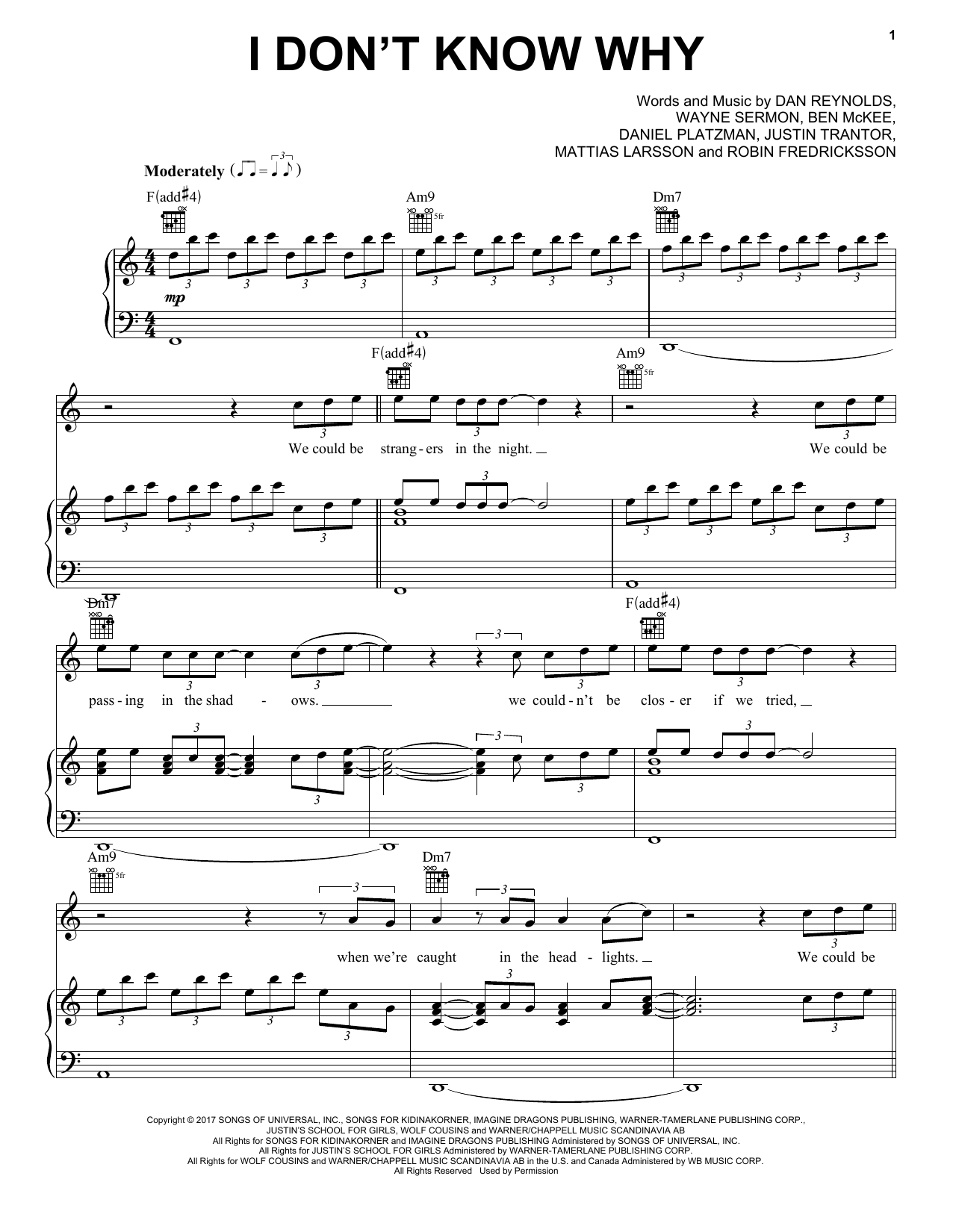 Imagine Dragons I Don't Know Why Sheet Music