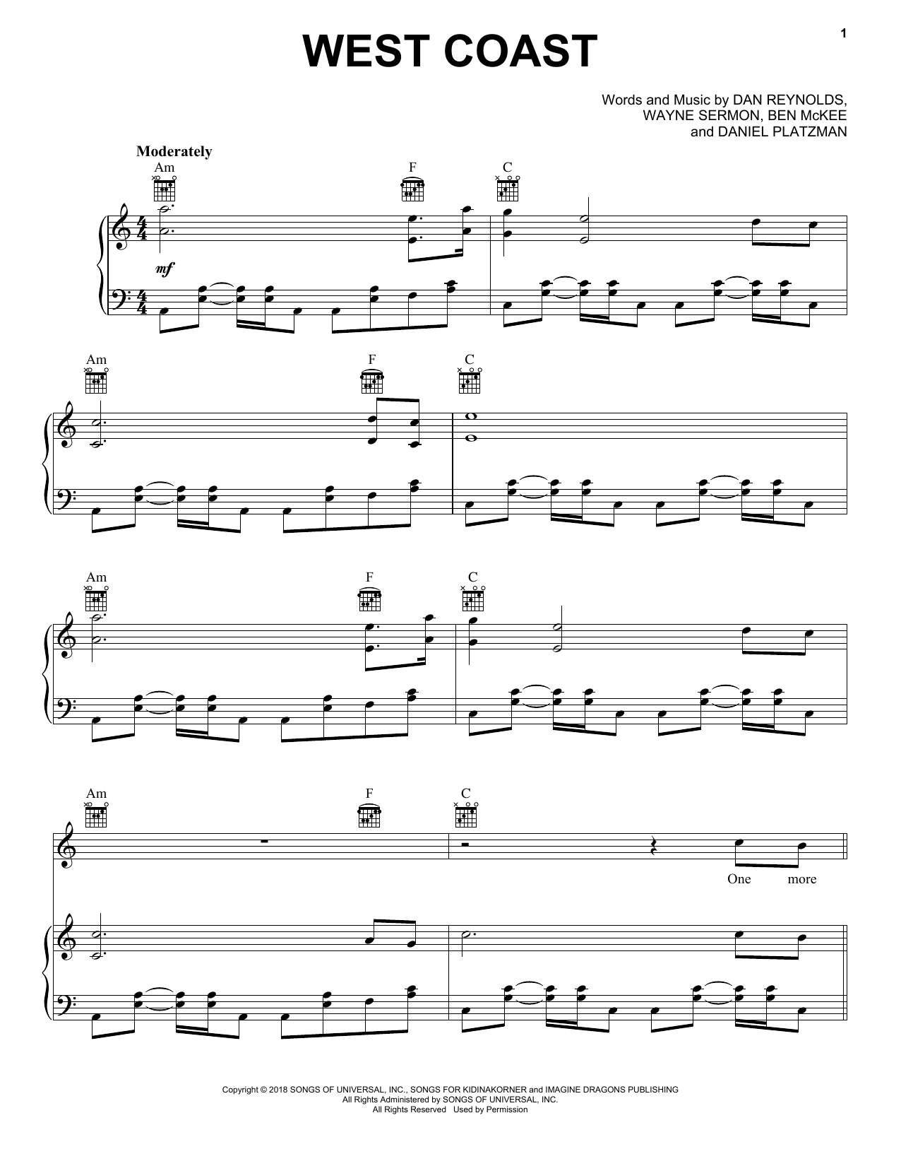Imagine Dragons West Coast Sheet Music