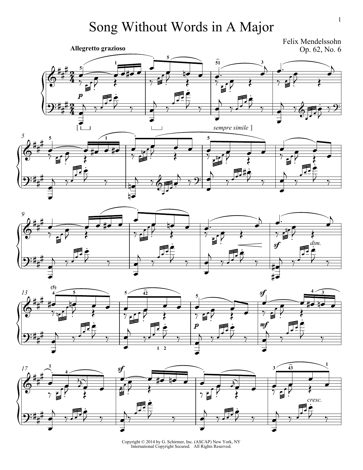 Immanuela Gruenberg Song Without Words In A Major, Op. 62, No. 6 Sheet Music