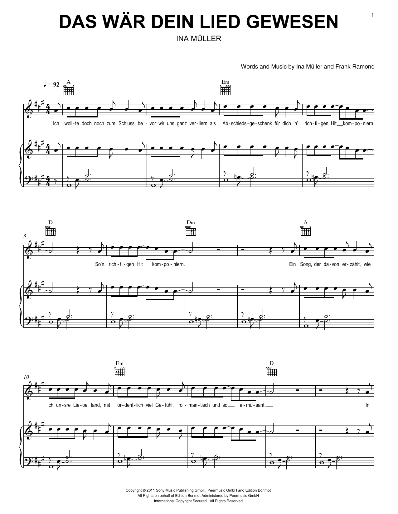 Ina Müller Das wär dein Lied gewesen Sheet Music
