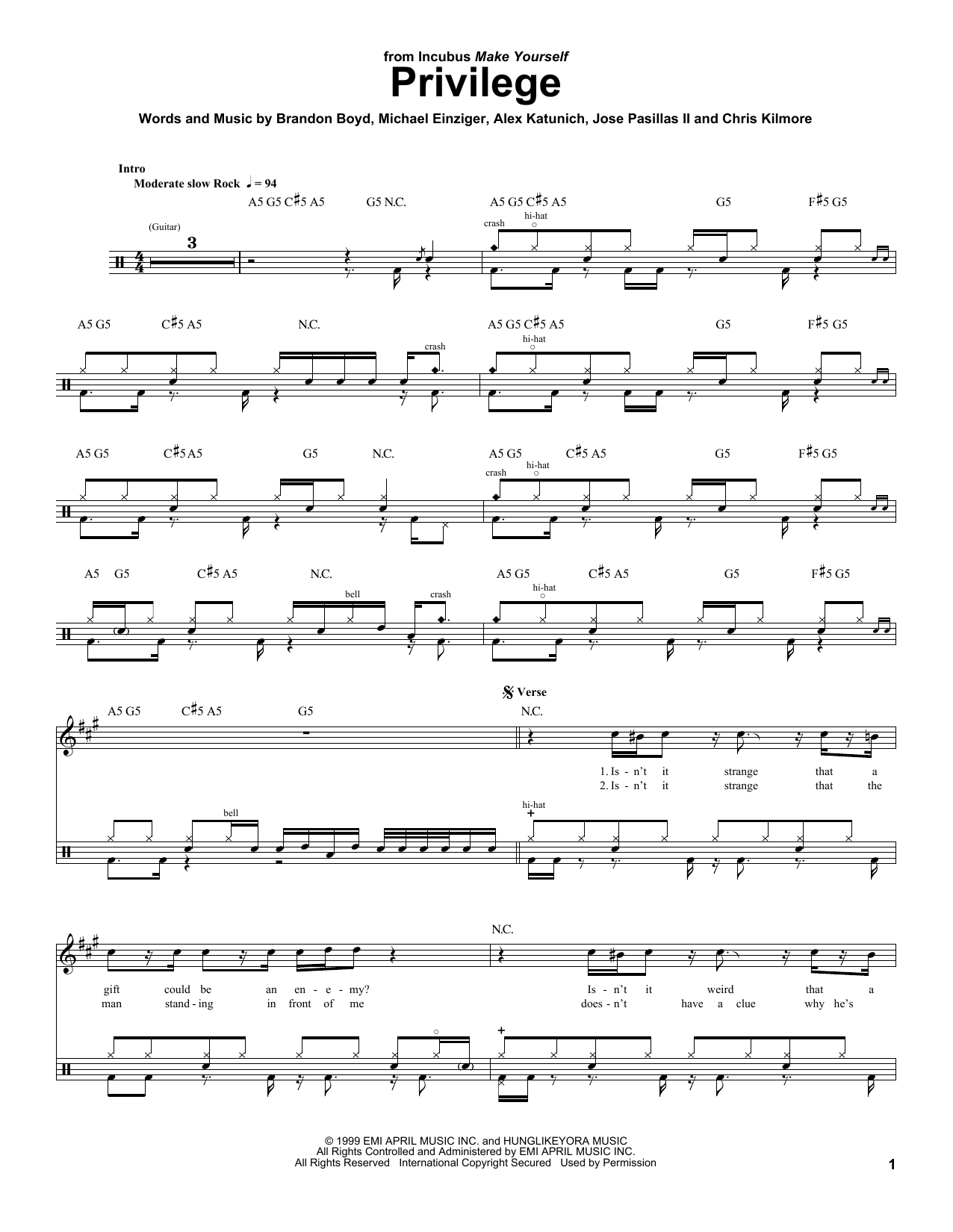Incubus Privilege Sheet Music