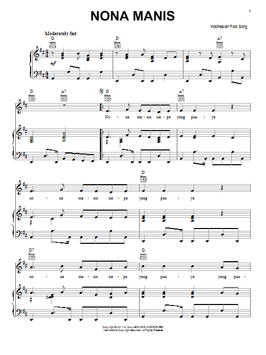 Indonesian Folk Song Nona Manis Sheet Music