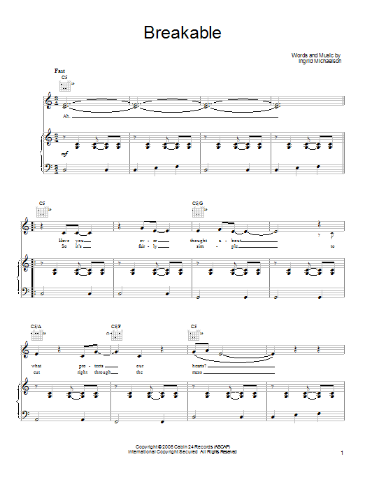 Ingrid Michaelson Breakable Sheet Music
