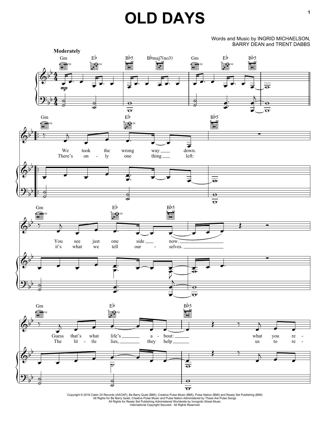 Ingrid Michaelson Old Days Sheet Music