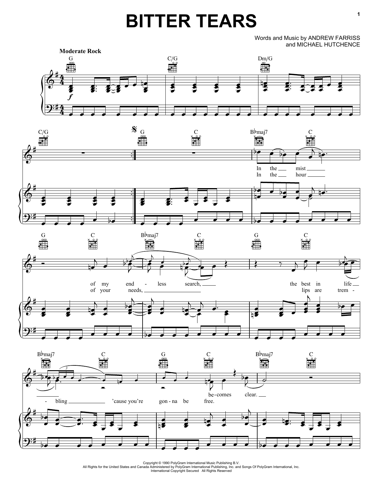 INXS Bitter Tears Sheet Music