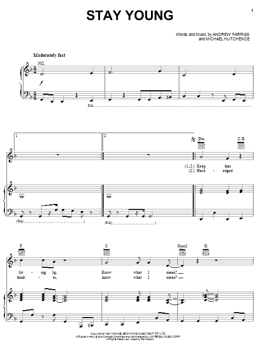 INXS Stay Young Sheet Music
