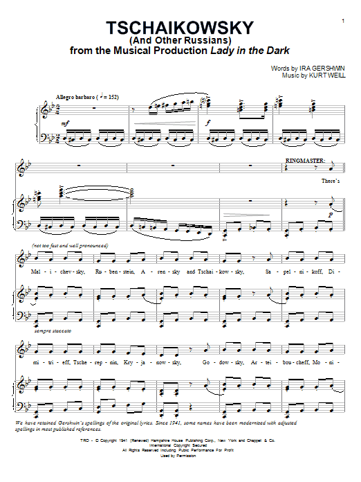 Ira Gershwin Tschaikowsky (And Other Russians) Sheet Music