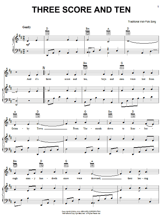 Irish Folksong Three Score And Ten Sheet Music