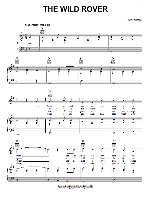 Irish Folksong Wild Rover Sheet Music