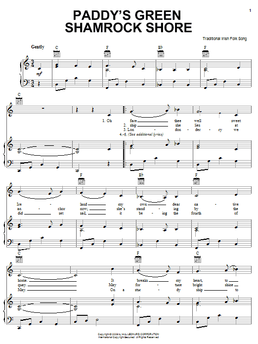 Irish Folksong Paddy's Green Shamrock Shore Sheet Music