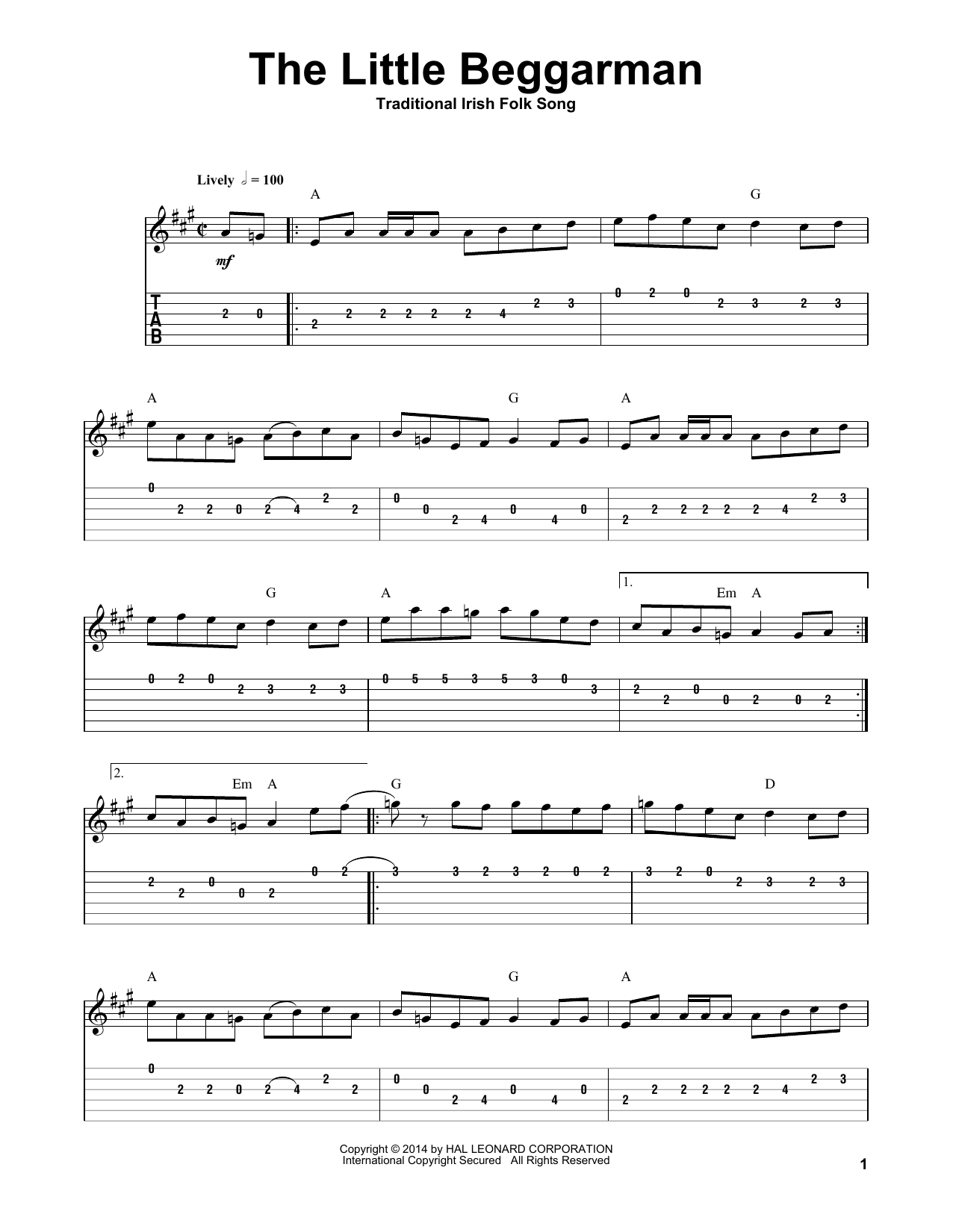 Irish Folksong The Little Beggarman Sheet Music