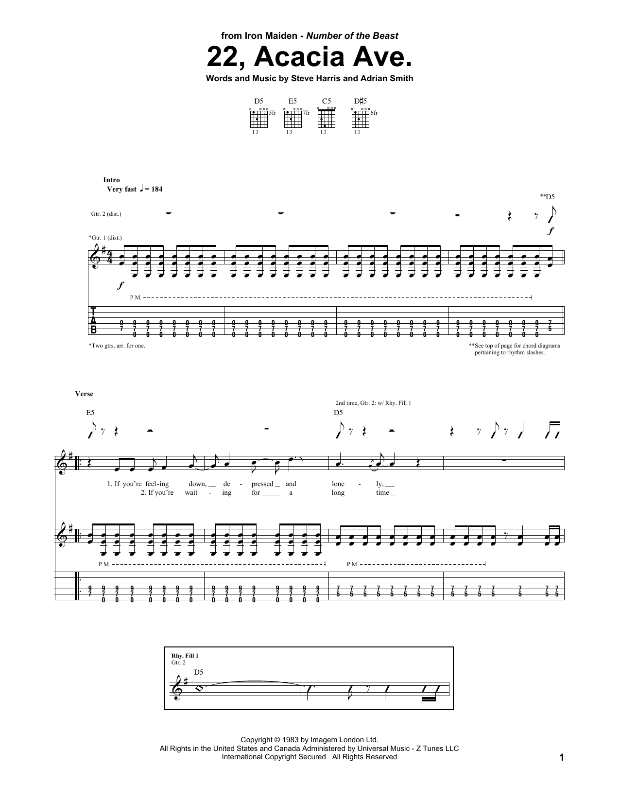 Iron Maiden 22, Acacia Ave. Sheet Music
