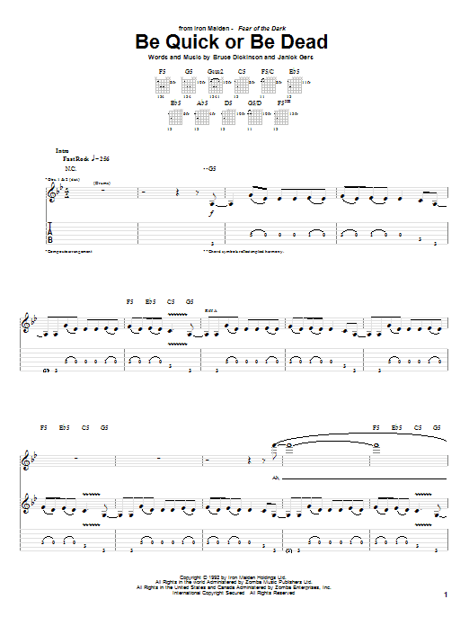 Iron Maiden Be Quick Or Be Dead Sheet Music