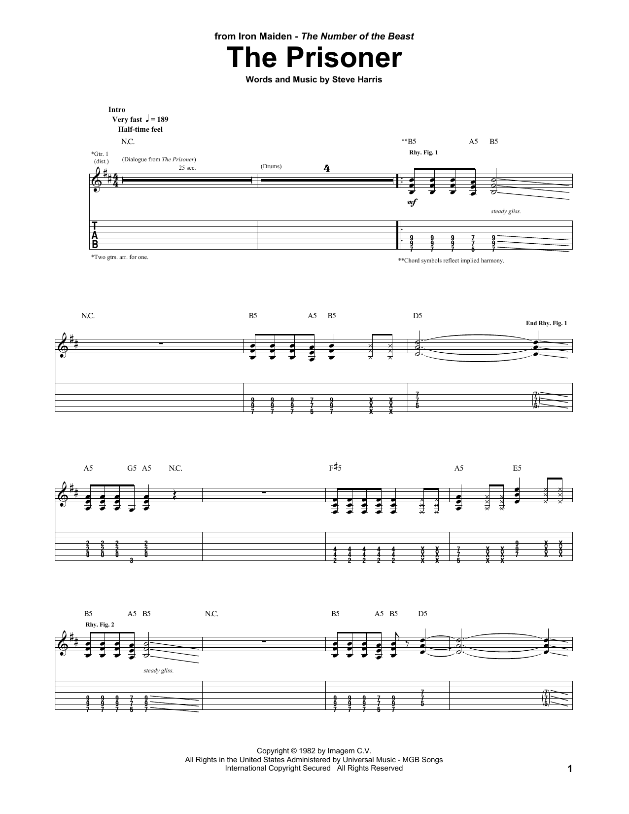Iron Maiden The Prisoner Sheet Music