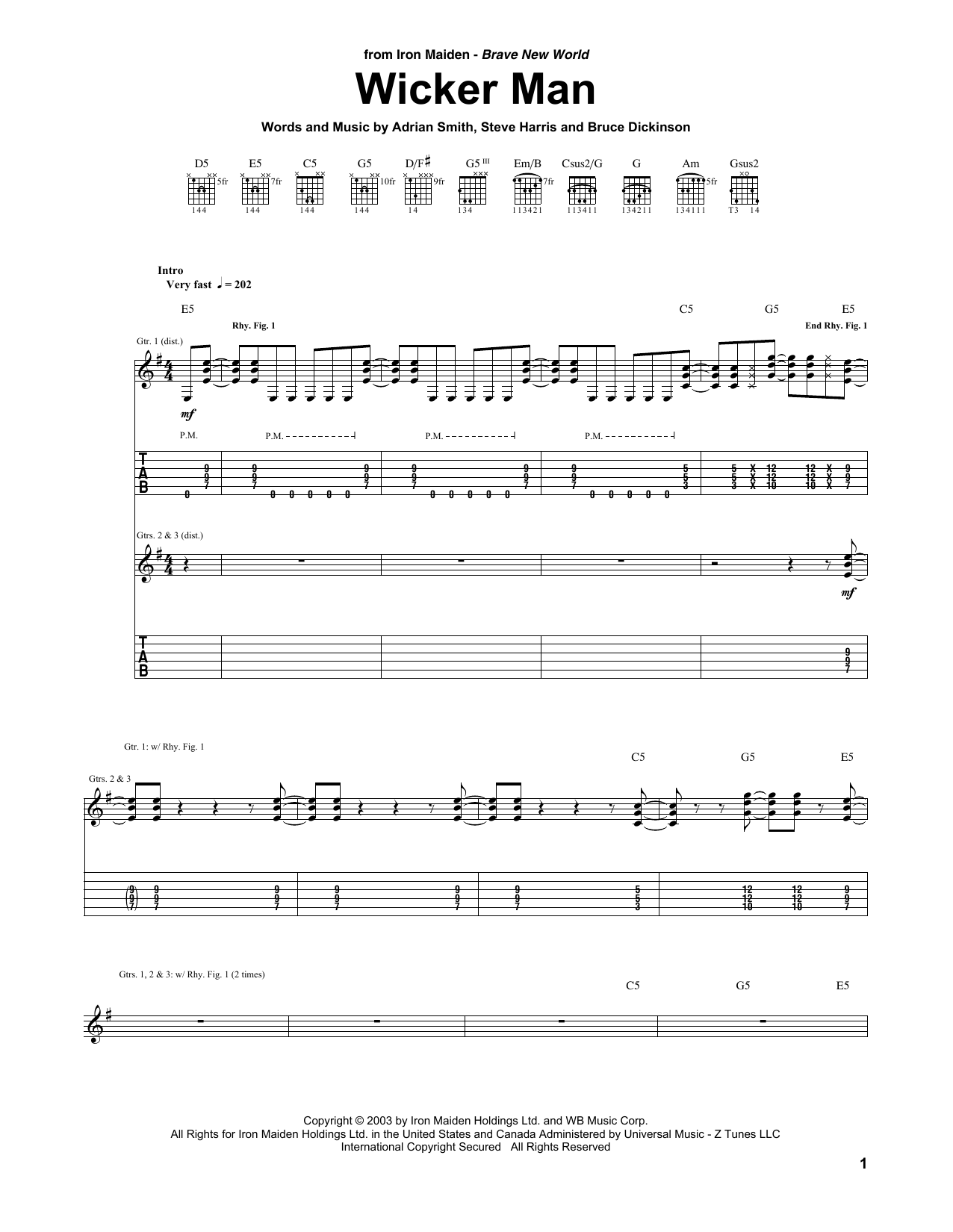 Iron Maiden Wicker Man Sheet Music