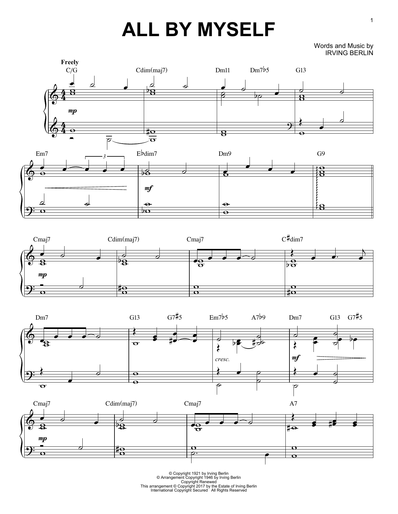 Irving Berlin All By Myself [Jazz version] Sheet Music