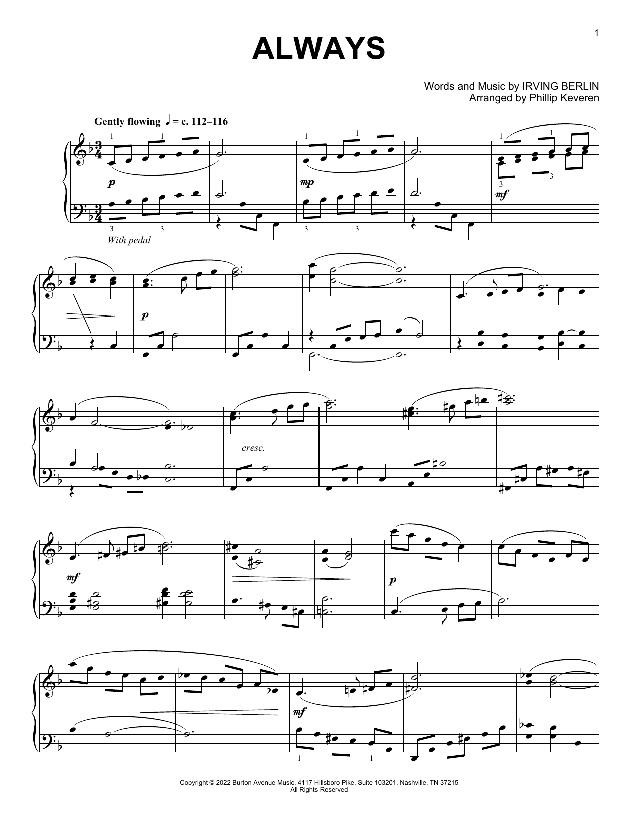 Irving Berlin Always (arr. Phillip Keveren) Sheet Music