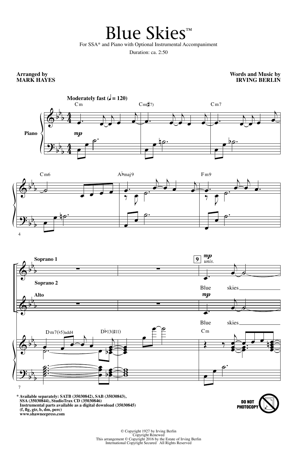 Irving Berlin Blue Skies (arr. Mark Hayes) Sheet Music