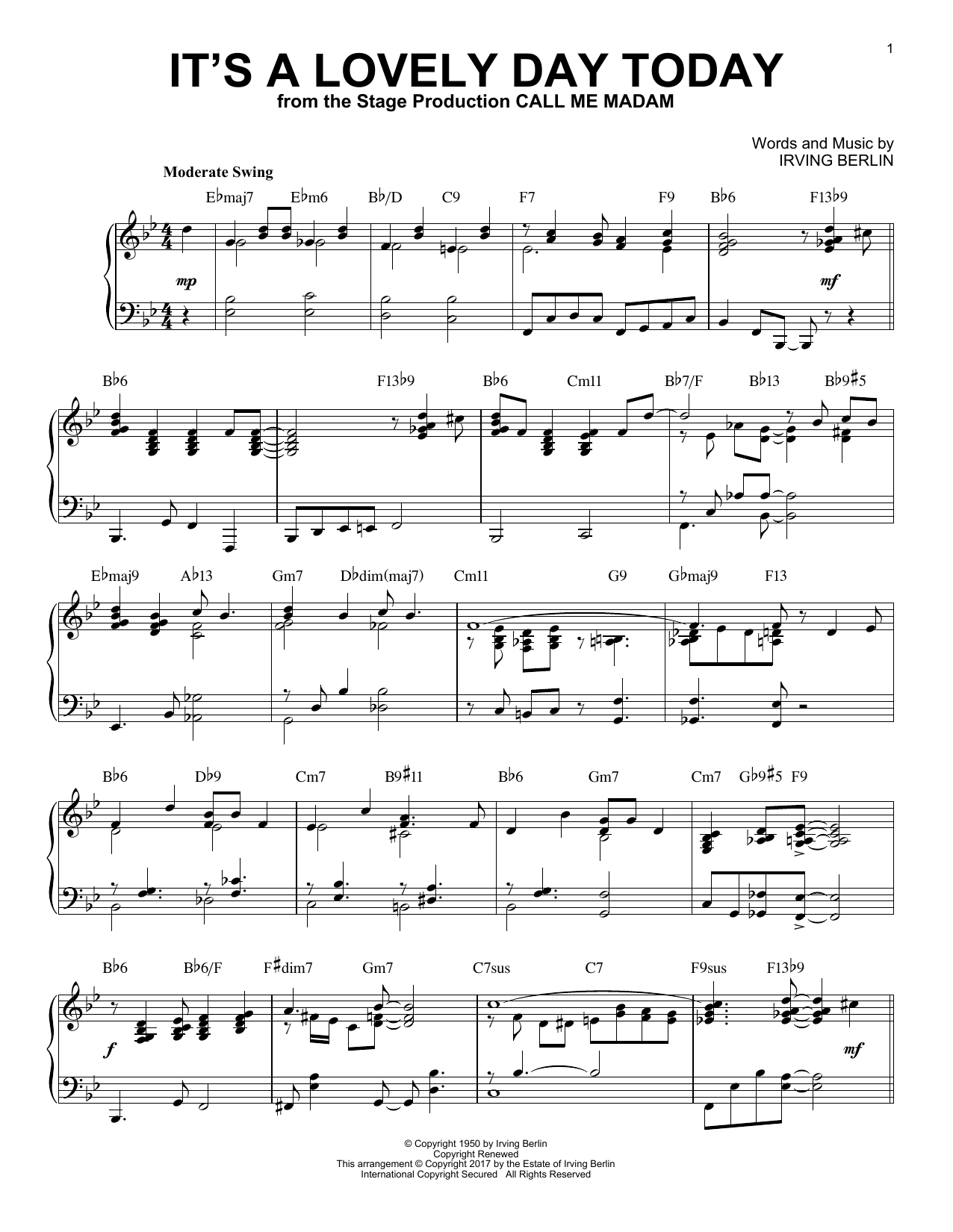 Irving Berlin It's A Lovely Day Today [Jazz version] Sheet Music