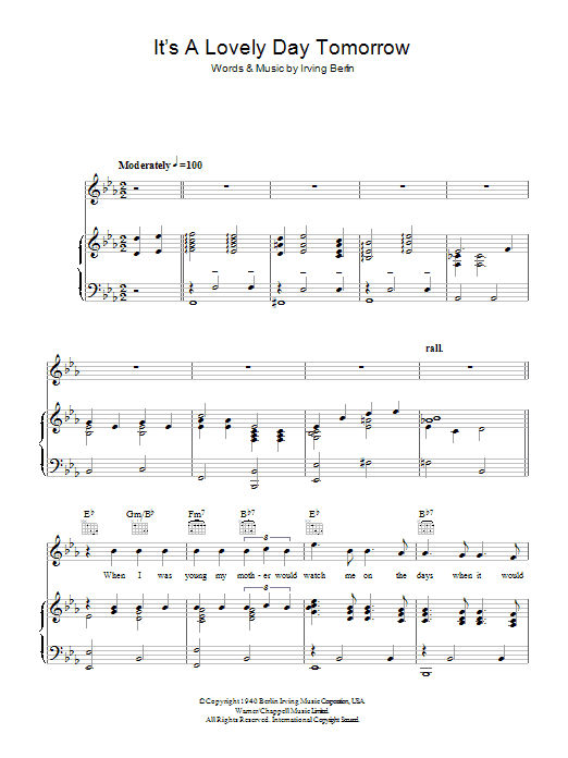Irving Berlin It's A Lovely Day Tomorrow Sheet Music