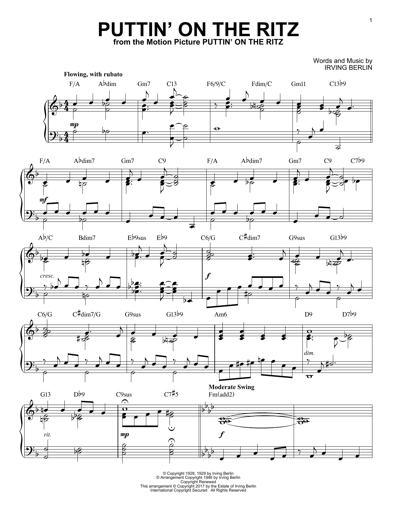 Irving Berlin Puttin' On The Ritz [Jazz version] Sheet Music