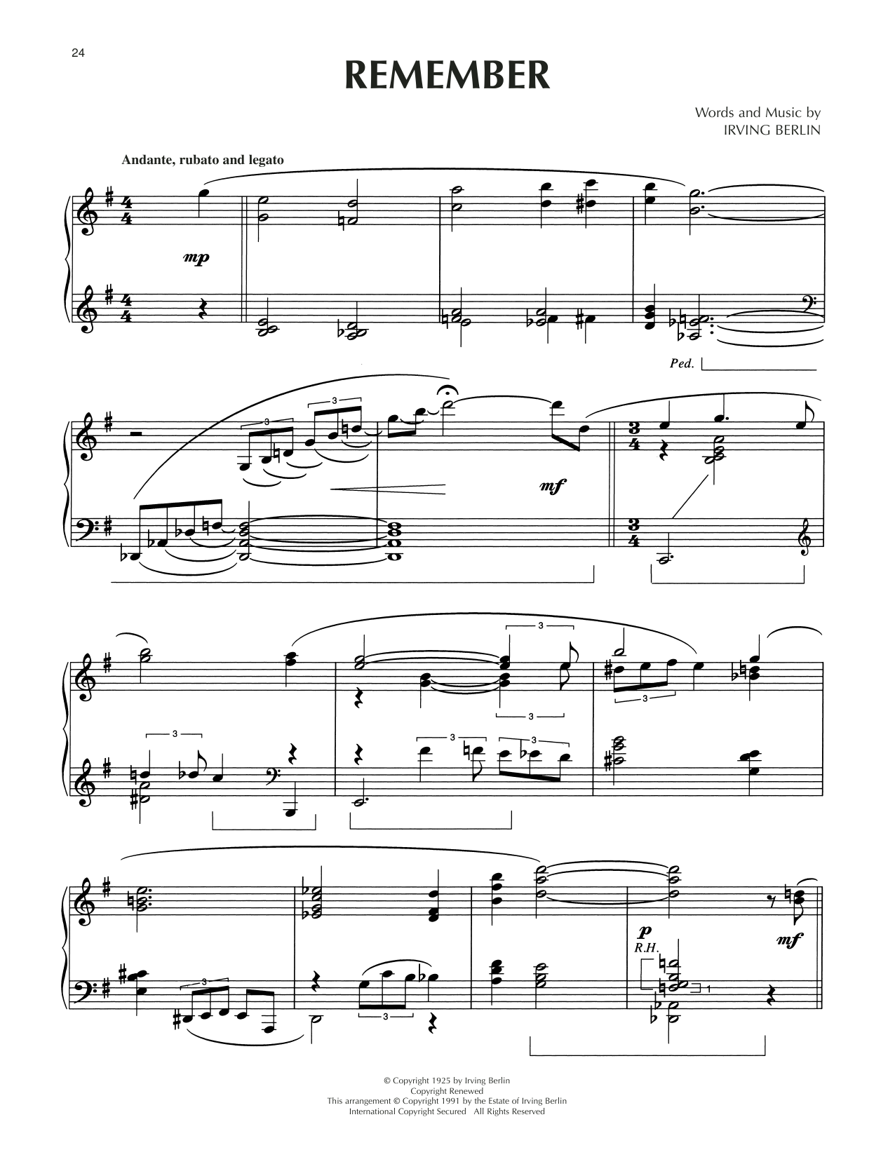 Irving Berlin Remember (arr. Dick Hyman) Sheet Music