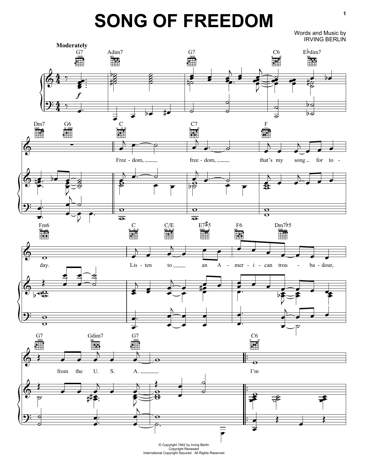 Irving Berlin Song Of Freedom Sheet Music