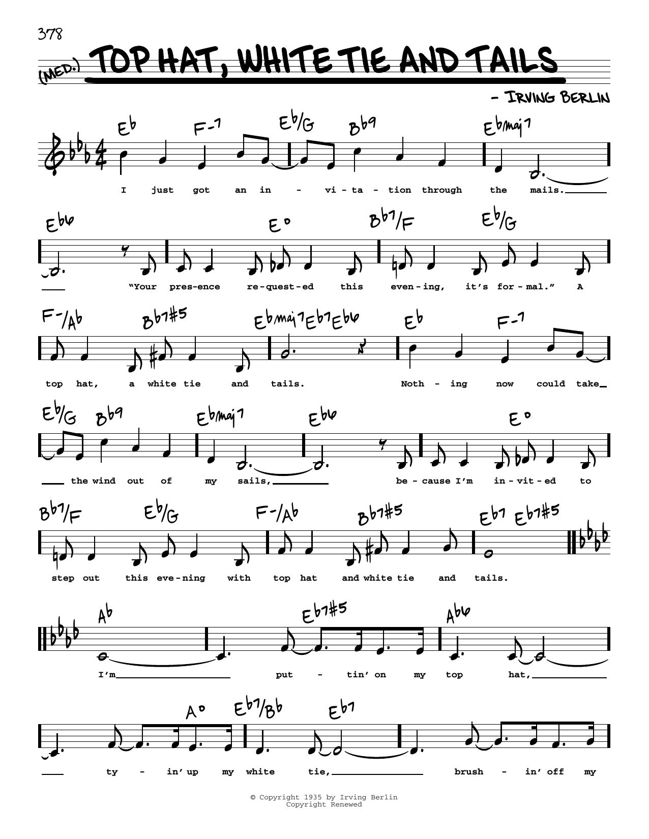 Irving Berlin Top Hat, White Tie And Tails (Low Voice) Sheet Music