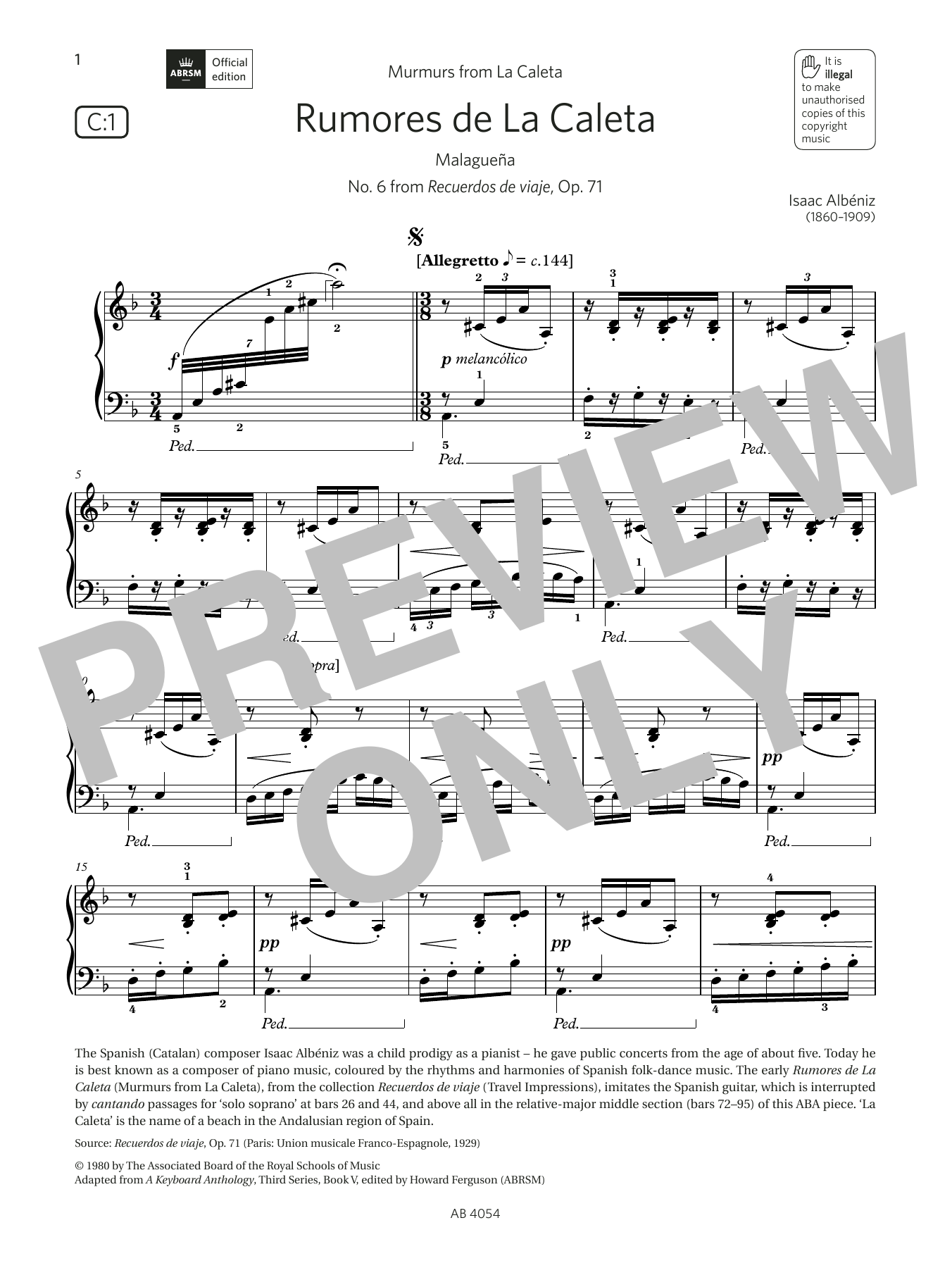 Isaac Albéniz Rumores de La Caleta (Grade 8, list C1, from the ABRSM Piano Syllabus 2023 & 202 Sheet Music