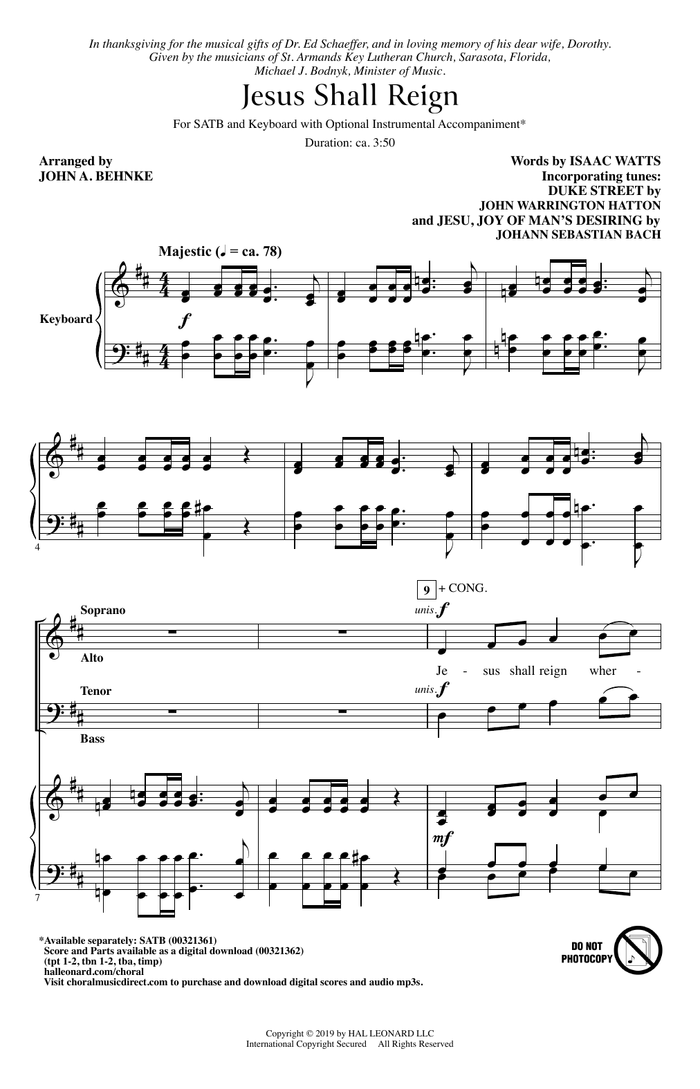 Isaac Watts Jesus Shall Reign (arr. John A. Behnke) Sheet Music