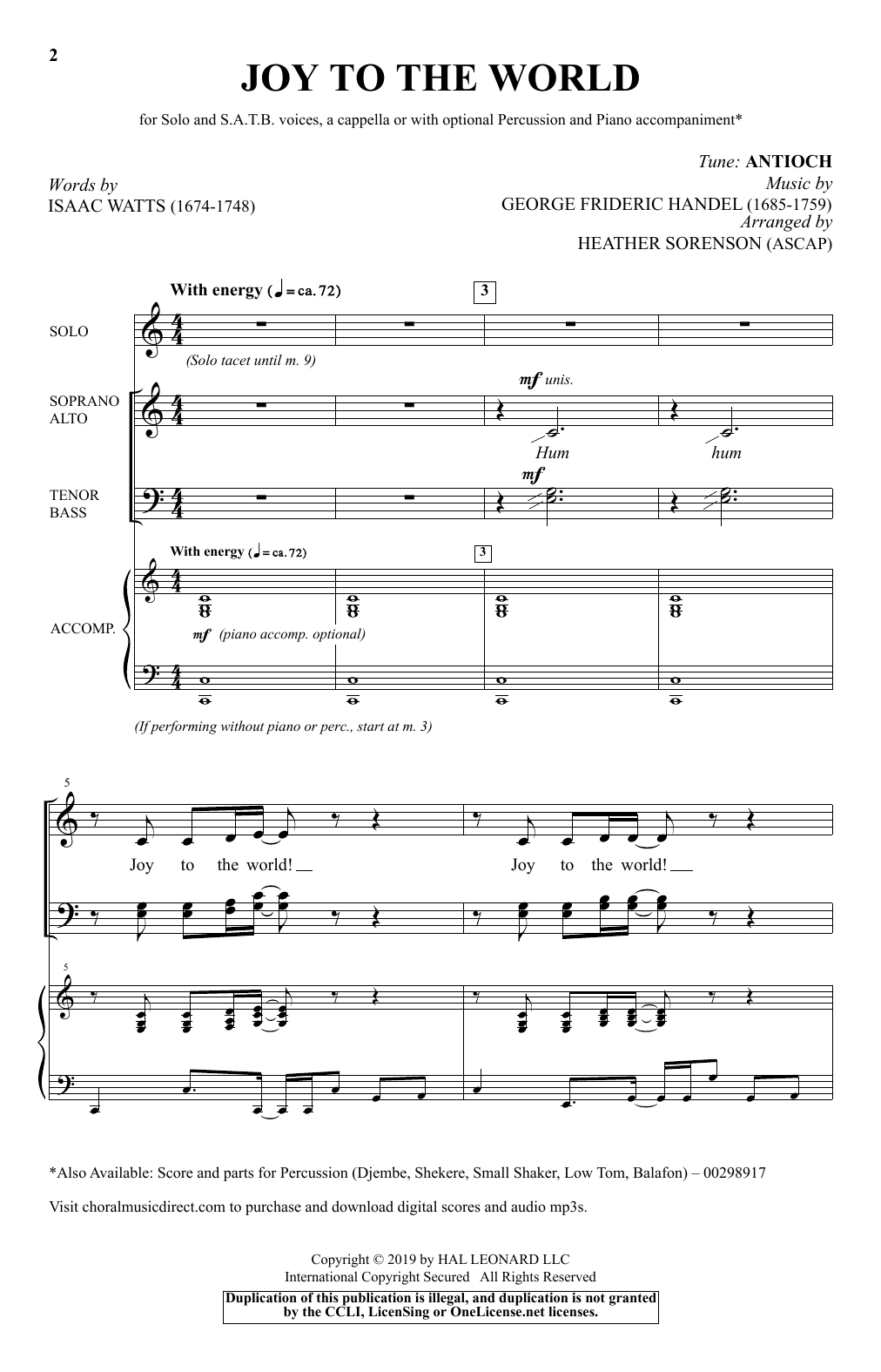 Isaac Watts Joy To The World (arr. Heather Sorenson) Sheet Music