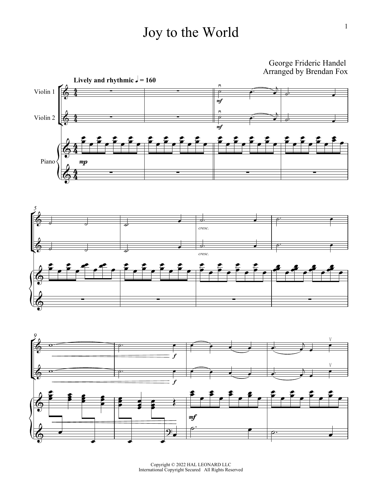 Isaac Watts Joy To The World (for Violin Duet and Piano) Sheet Music
