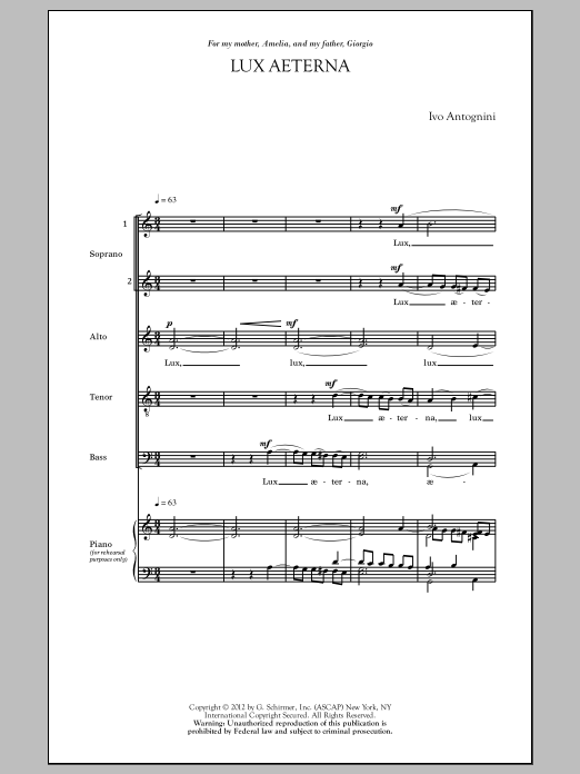 Ivo Antognini Lux Aeterna Sheet Music
