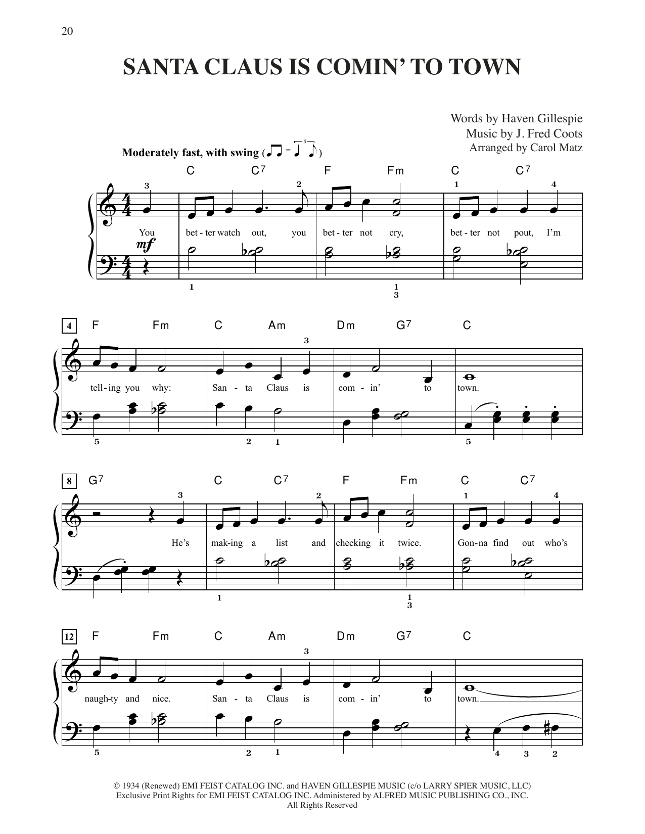 J. Fred Coots Santa Claus Is Comin' To Town (arr. Carol Matz) Sheet Music