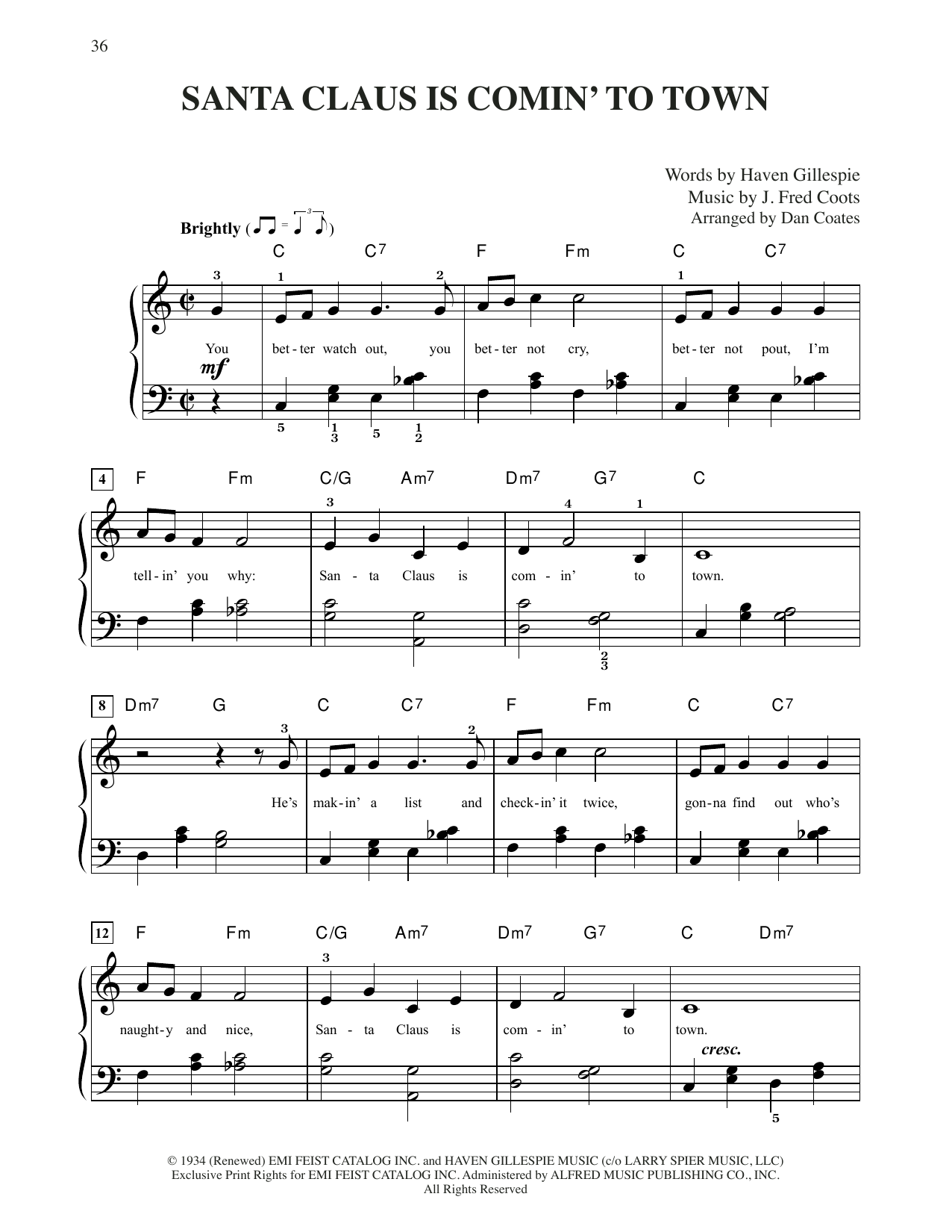 J. Fred Coots Santa Claus Is Comin' To Town (arr. Dan Coates) Sheet Music