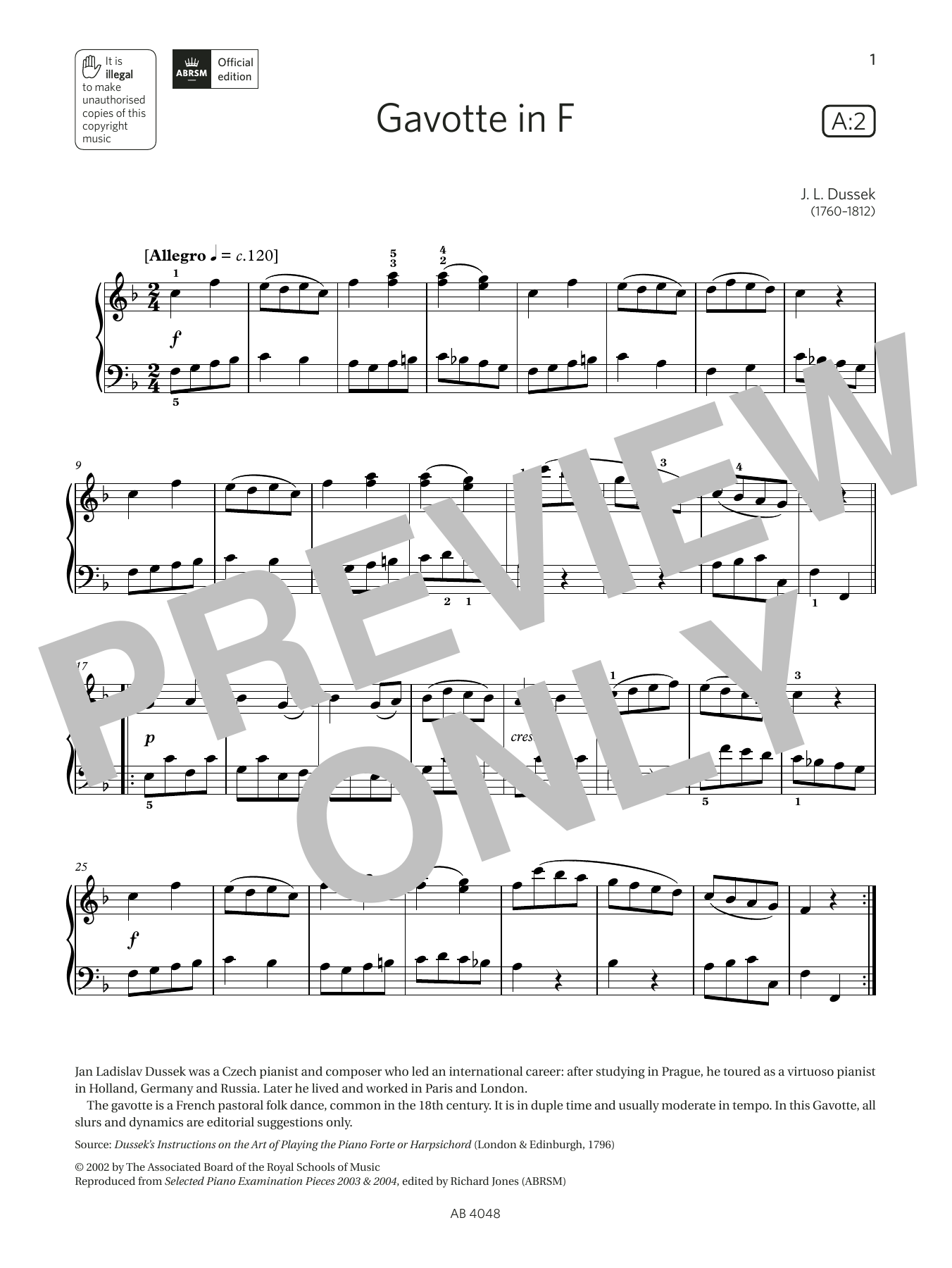 J L Dussek Gavotte in F (Grade 2, list A2, from the ABRSM Piano Syllabus 2023 & 2024) Sheet Music