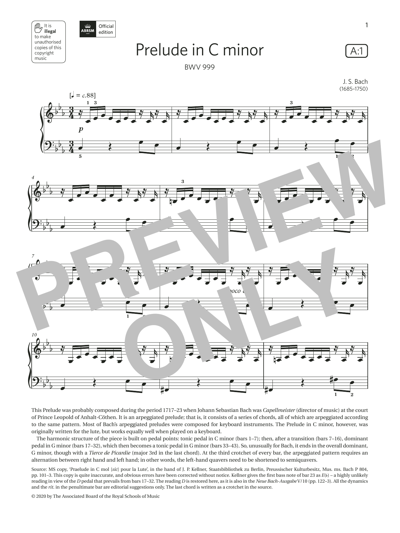 J. S. Bach Prelude in C minor (Grade 4, list A1, from the ABRSM Piano Syllabus 2021 & 2022) Sheet Music