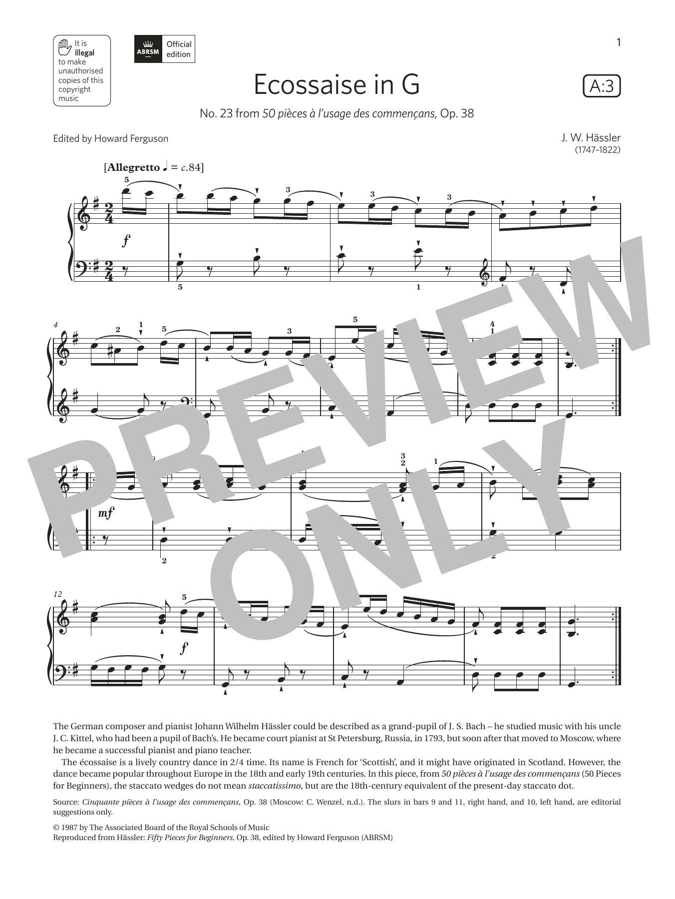 J. W. Hässler Ecossaise in G (Grade 2, list A3, from the ABRSM Piano Syllabus 2021 & 2022) Sheet Music