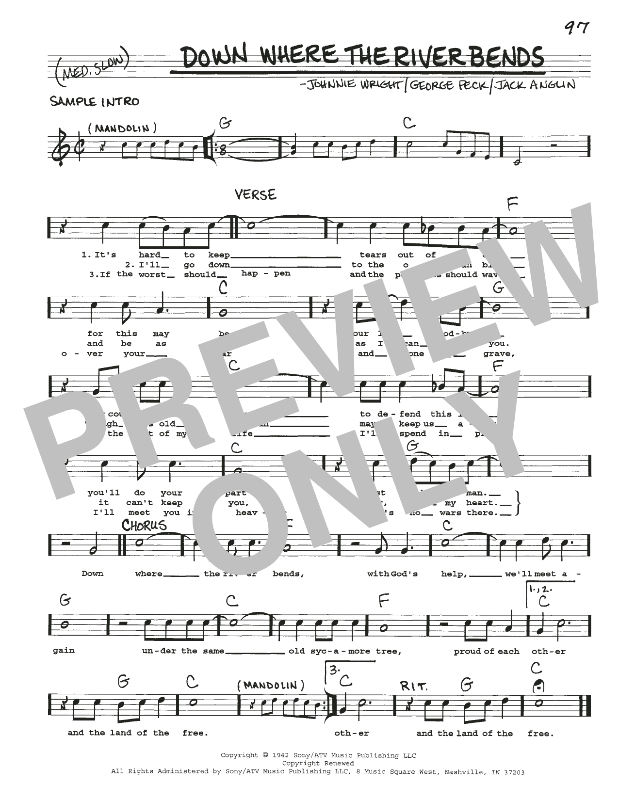 Jack Anglin Down Where The River Bends Sheet Music