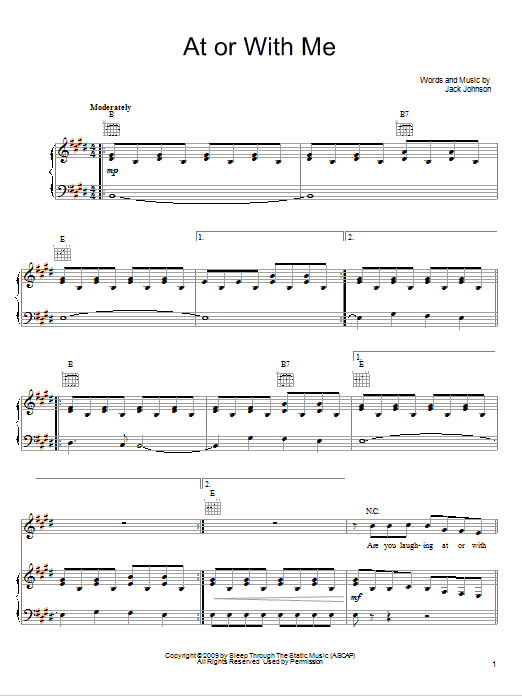 Jack Johnson At Or With Me Sheet Music