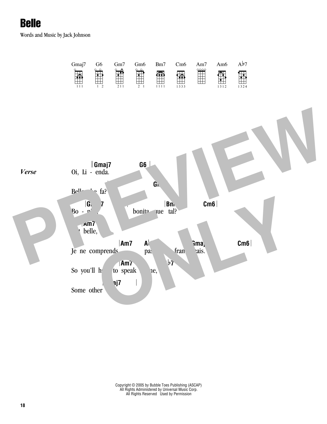 Jack Johnson Belle Sheet Music