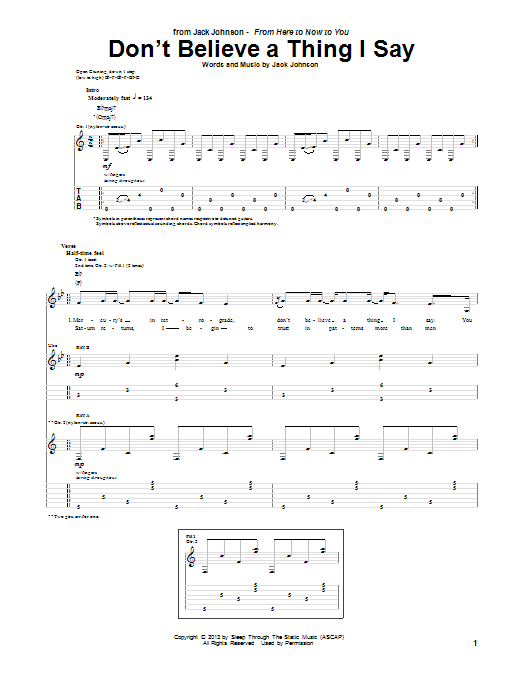 Jack Johnson Don't Believe A Thing I Say Sheet Music