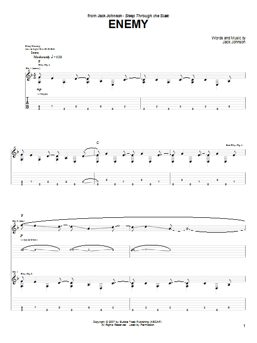 Jack Johnson Enemy Sheet Music