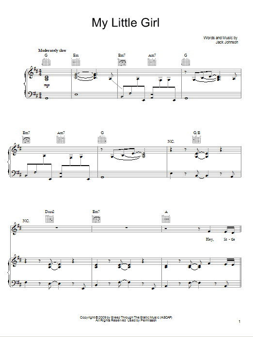 Jack Johnson My Little Girl Sheet Music