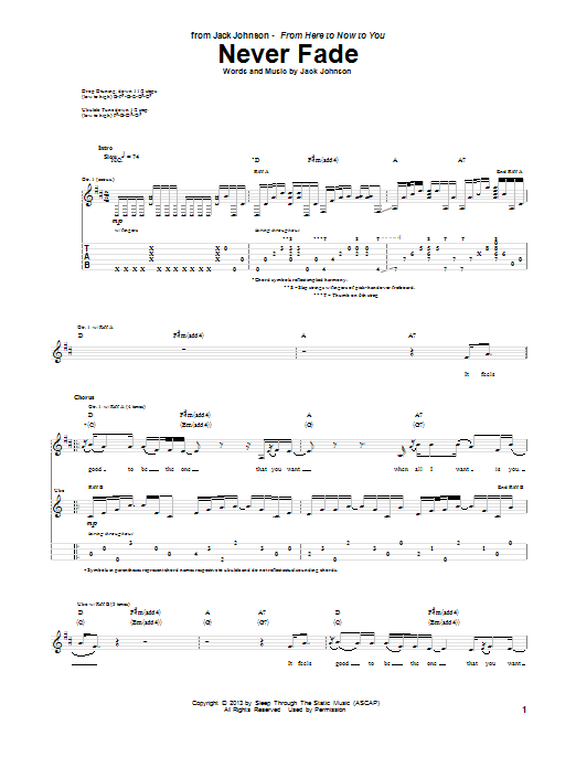 Jack Johnson Never Fade Sheet Music